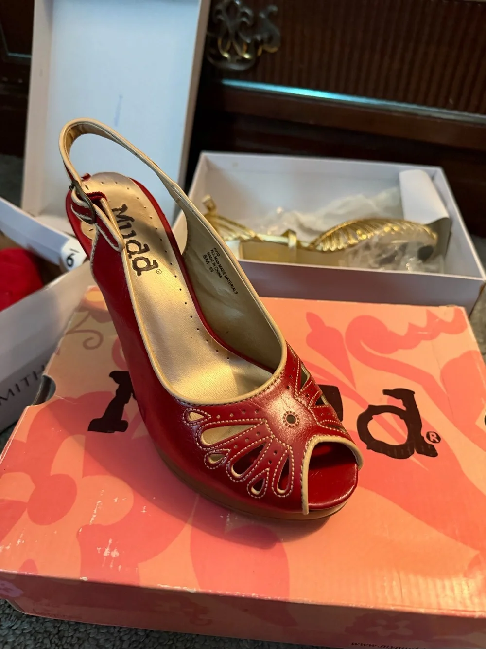 MUDD Red Peep-Toe Slingback Wedge with Cutout Detail